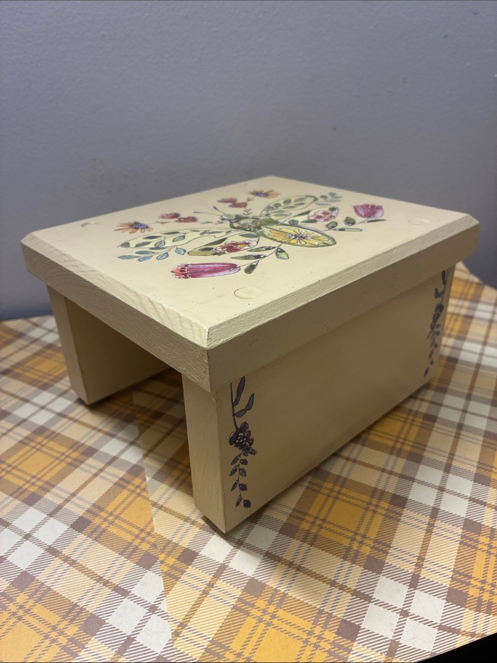 Hand-Painted Cream Floral Accent Wood Planter or Riser